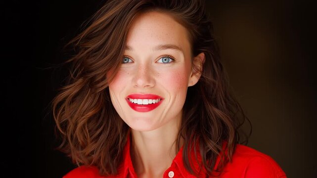A smiling 25-year-old European woman with brunette hair and gray eyes, wearing a red shirt and red lipstick. Studio portrait video on a dark background with direct focused lighting accentuating her fa