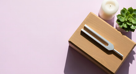 Tuning fork, lit candle, and succulent plant on a wooden block a