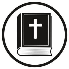 Obraz premium Black and white icon of a closed book with a Christian cross symbol on its cover inside a circular frame
