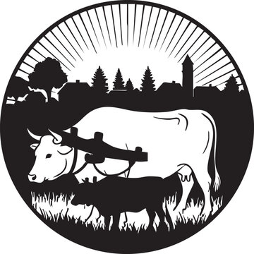 Black and white of cow and calf in field with village