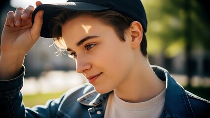 A young man adjusts his cap outdoors on a sunny day