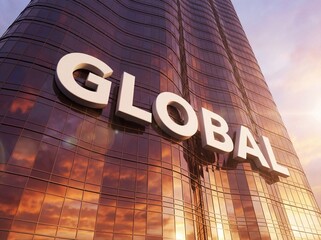 Modern Glass Skyscraper Facade Featuring Large White Global Signage