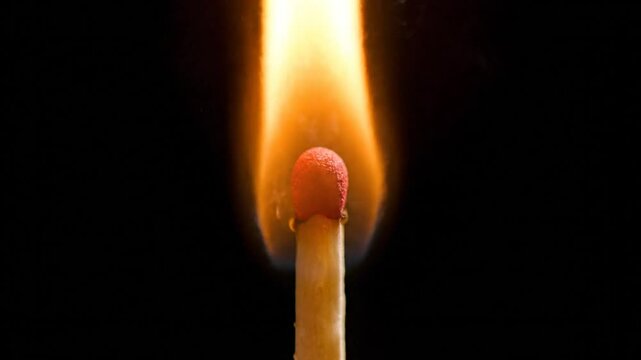 Burning matchstick with intense flame against black background showcasing ignition and smoking as the head combusts