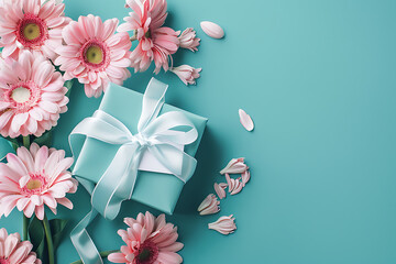 Blue gift box surrounded by pink flowers and petals, Mother Day gift on turquoise background, left side composition flat lay, elegant celebration concept

