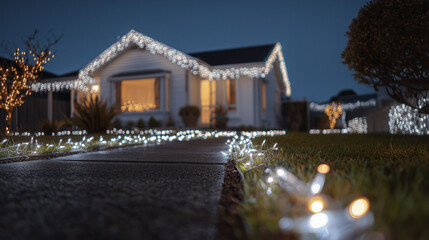 A house is adorned with numerous white lights along the roof and pathways, creating a festive atmosphere. The scene is captured in the evening, emphasizing the illuminated surroundings.