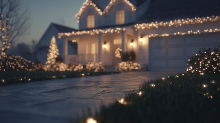 A house is decorated with warm lights along the roof and pathways, creating a subtle ambiance. The driveway is lined with glowing lights, complementing the winter scene and holiday spirit