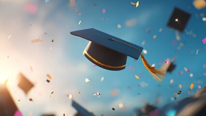 Graduation Cap Toss in the Air with Colorful Confetti Against Blue Sky, Celebration of Academic Success