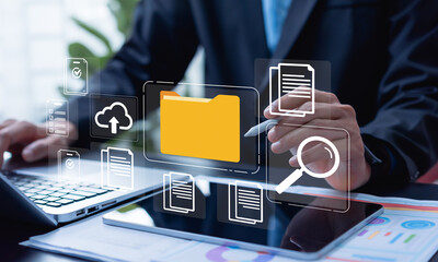 Business document management system with secure cloud folders, online file sharing, virtual access for teams, improved collaboration, data protection, and efficient digital storage.