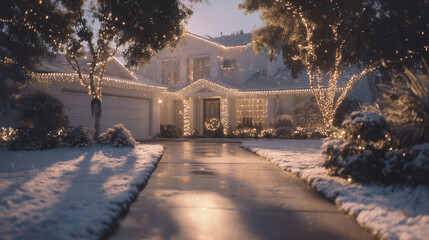 A house is decorated with white lights along the roof and trees, creating a bright scene amid snow. The driveway reflects the soft glow of the lights, enhancing the winter evening atmosphere
