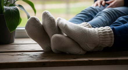 Close-up of feet wearing warm knitted socks resting on a wooden