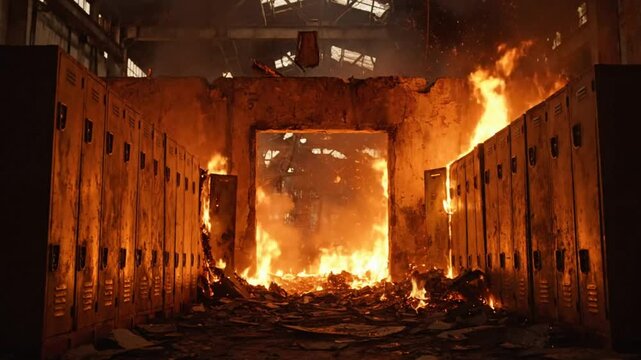 Devastating warehouse fire consumes building interior with row of lockers engulfed in flames and smoke