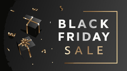 Black friday sale banner with gift boxes and gold ribbon on a dark background for holiday promotion offer
