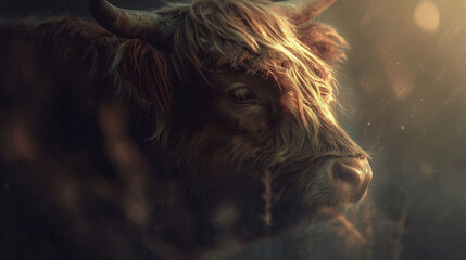 A close-up captures the head of a Highland cow, showcasing its long, shaggy hair illuminated by soft light. The backdrop features blurred elements, enhancing the focus on the animal's facial features.