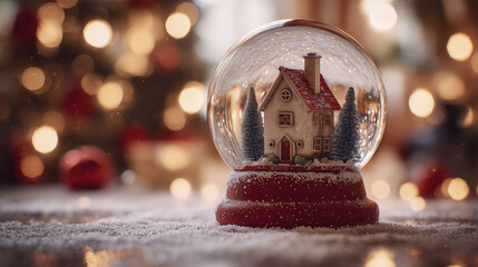 A glass snow globe features a miniature house with a red roof and white walls, surrounded by small evergreen trees. The background boasts soft, blurred lights, creating a seasonal atmosphere.