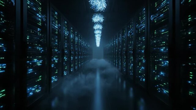 Rows of server rack units glow. Datacenter aisles show data flow and cloud signals. Network and compute equipment light technology and storage systems. Server health and cybersecurity lights visible.