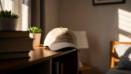 A beige cap lies on a wooden table near a window with sunlight casting shadows in a serene room.