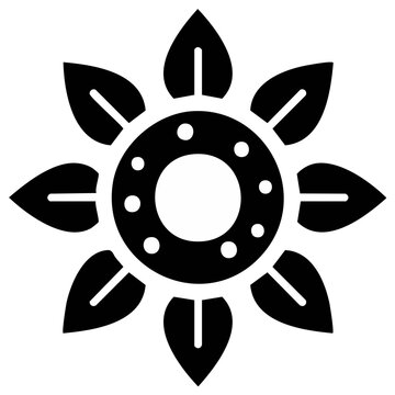 Simple geometric flower icon, stylized sunflower or sun symbol with leaf-shaped petals vector illustration