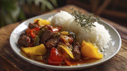 A dish features white rice served with a meat and vegetable stew. The stew includes chunks of meat, bell peppers, and onions in a sauce. Fresh herbs are added for garnish, providing contrast with the