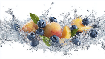 Peaches and blueberries are captured mid-splash in water, creating dynamic waves around them. Green leaves accompany the fruits, enhancing the fresh and vibrant scene that highlights their natural