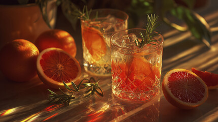 Two glasses of orange drinks are filled with ice and garnished with orange slices and a sprig of rosemary. Whole and sliced oranges are placed nearby on a reflective surface, creating a vibrant