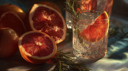 A glass with a refreshing drink is adorned with a slice of blood orange and a sprig of rosemary. Sliced and whole blood oranges are positioned nearby, creating a visually appealing scene