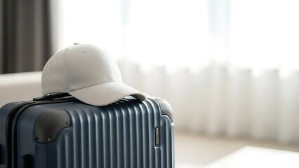 A white cap resting on top of a dark blue suitcase in a brightly lit room with white curtains