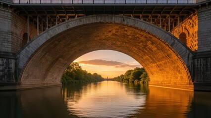 Obraz premium Beautiful sunset view under historic stone bridge reflecting on serene river