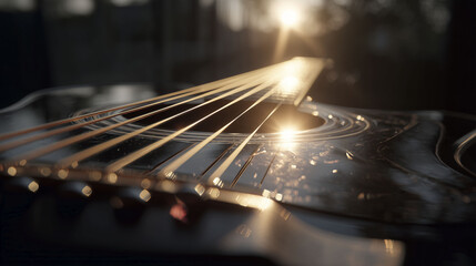 An acoustic guitar is positioned on a surface, with sunlight reflecting off its glossy finish. The strings stretch across the body, capturing the light, creating a warm and inviting scene that implies