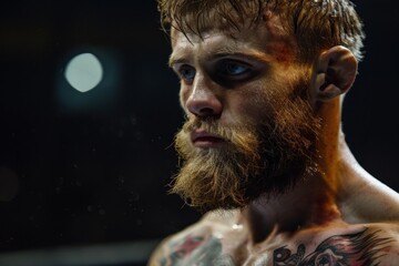Close up of a tired, sweaty fighter after a tough mixed martial arts fight, showing his fighting spirit