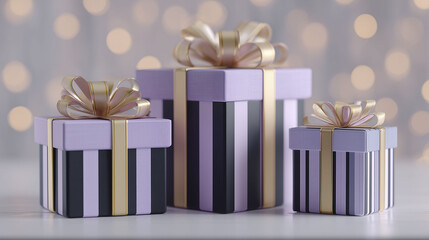 A set of three gift boxes features purple and black stripes with golden bows on top. The boxes are arranged in size order and placed on a surface with a softly blurred backdrop of lights, enhancing