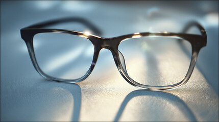 A pair of eyeglasses rests on a smooth surface, highlighted by soft reflections and lighting. The design features a sturdy frame, and the lenses appear clear, showcasing a minimalist aesthetic.