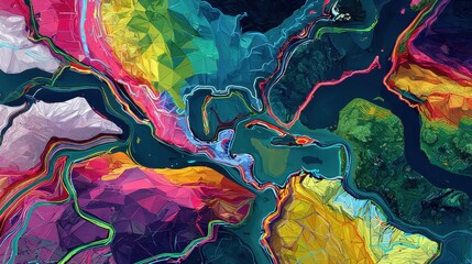Surreal global market ecosystem with data rivers and geometric continents, psychedelic style, vibrant colors, digital painting, macroeconomic flow
