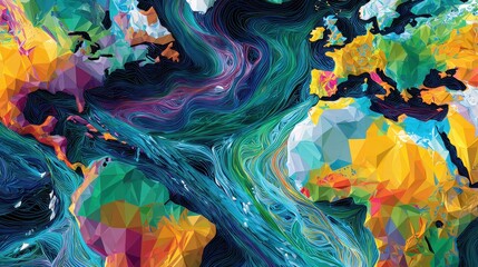 Surreal global market ecosystem with data rivers and geometric continents, psychedelic style, vibrant colors, digital painting, macroeconomic flow