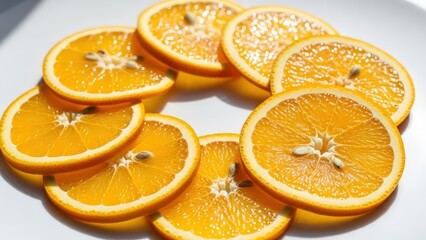 Fototapeta premium Brightly lit close-up of fresh orange slices arranged in a circular pattern on a white plate, showcasing their vibrant color and texture.