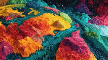 Surreal global market ecosystem with data rivers and geometric continents, psychedelic style, vibrant colors, digital painting, macroeconomic flow