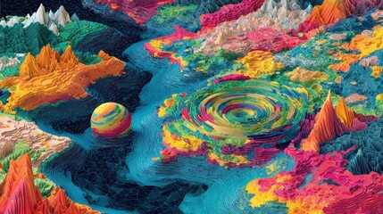 Surreal global market ecosystem with data rivers and geometric continents, psychedelic style, vibrant colors, digital painting, macroeconomic flow