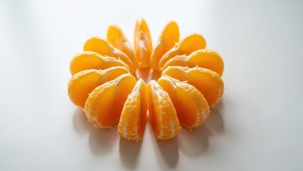 Vibrant orange peeled tangerine segments arranged in a circular pattern on a clean white background, showcasing their fresh texture.