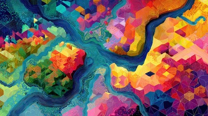 Surreal global market ecosystem with data rivers and geometric continents, psychedelic style, vibrant colors, digital painting, macroeconomic flow