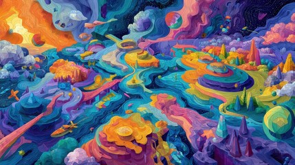 Surreal global market ecosystem with data rivers and geometric continents, psychedelic style, vibrant colors, digital painting, macroeconomic flow