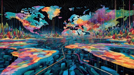 Surreal global market ecosystem with data rivers and geometric continents, psychedelic style, vibrant colors, digital painting, macroeconomic flow