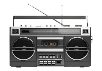 Fototapeta premium Analog Tape Recorder with Stereo Sound in Silver Isolated on Transparent PNG Background.