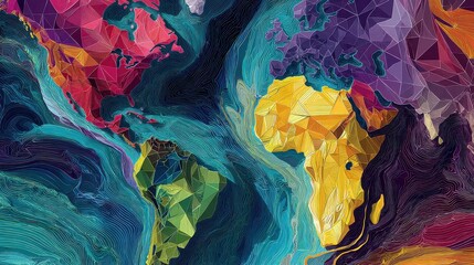 Surreal global market ecosystem with data rivers and geometric continents, psychedelic style, vibrant colors, digital painting, macroeconomic flow