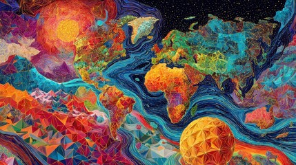 Surreal global market ecosystem with data rivers and geometric continents, psychedelic style, vibrant colors, digital painting, macroeconomic flow