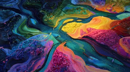 Surreal global market ecosystem with data rivers and geometric continents, psychedelic style, vibrant colors, digital painting, macroeconomic flow