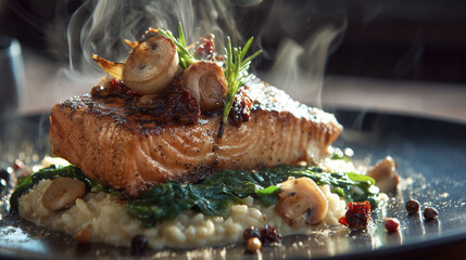 Grilled salmon fillet rests on a bed of risotto accompanied by spinach and garnished with herbs and saut&eacute;ed onions. Steam rises, indicating freshness. The dish appears visually appealing and ready