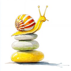 Yellow Snail on Balanced Stones Illustration