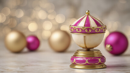 A decorative ornament sits prominently, featuring a rounded design with pink and gold accents. Nearby, blurred golden and pink baubles add a festive touch to the scene, enhancing the overall visual