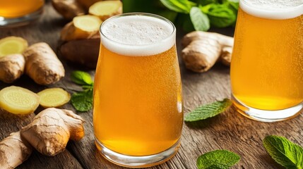Refreshing glasses of ginger beer on a rustic wooden table, surrounded by fresh ginger roots and mint leaves.