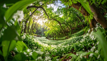 Lush forest scene, sunlight filtering through canopy, wildflowers in foreground. Vibrant greens and whites dominate. Curved perspective