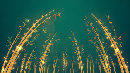 Bamboo forest with string lights against dark teal background illustration art